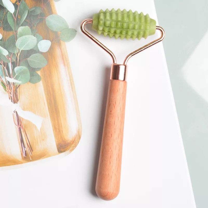 wooden handle jade facial massager roller