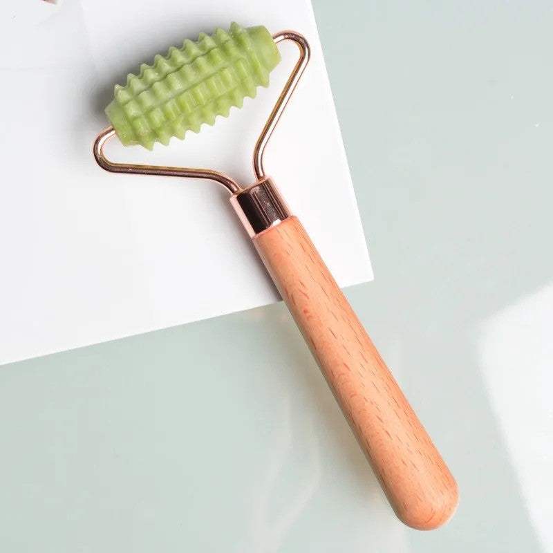 wooden handle jade facial massager roller